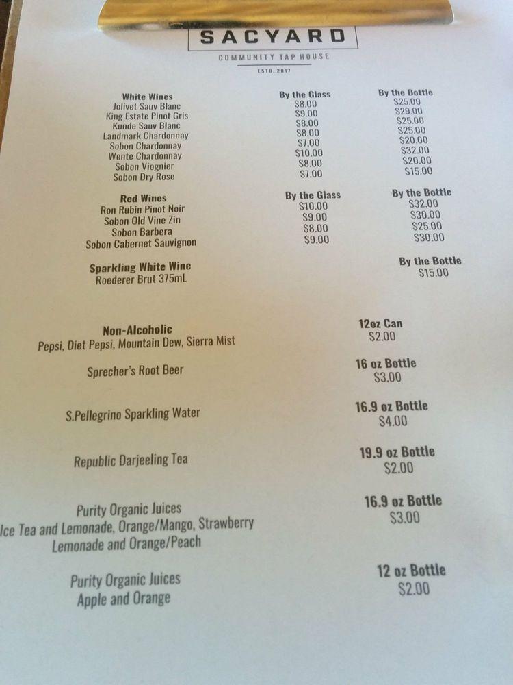 Menu at SacYard Community Tap House pub & bar, Sacramento