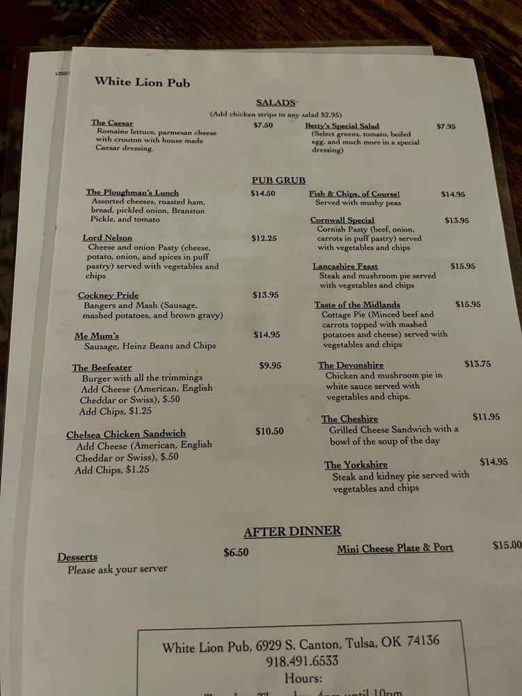 Menu at White Lion Pub, Tulsa, S Canton Ave