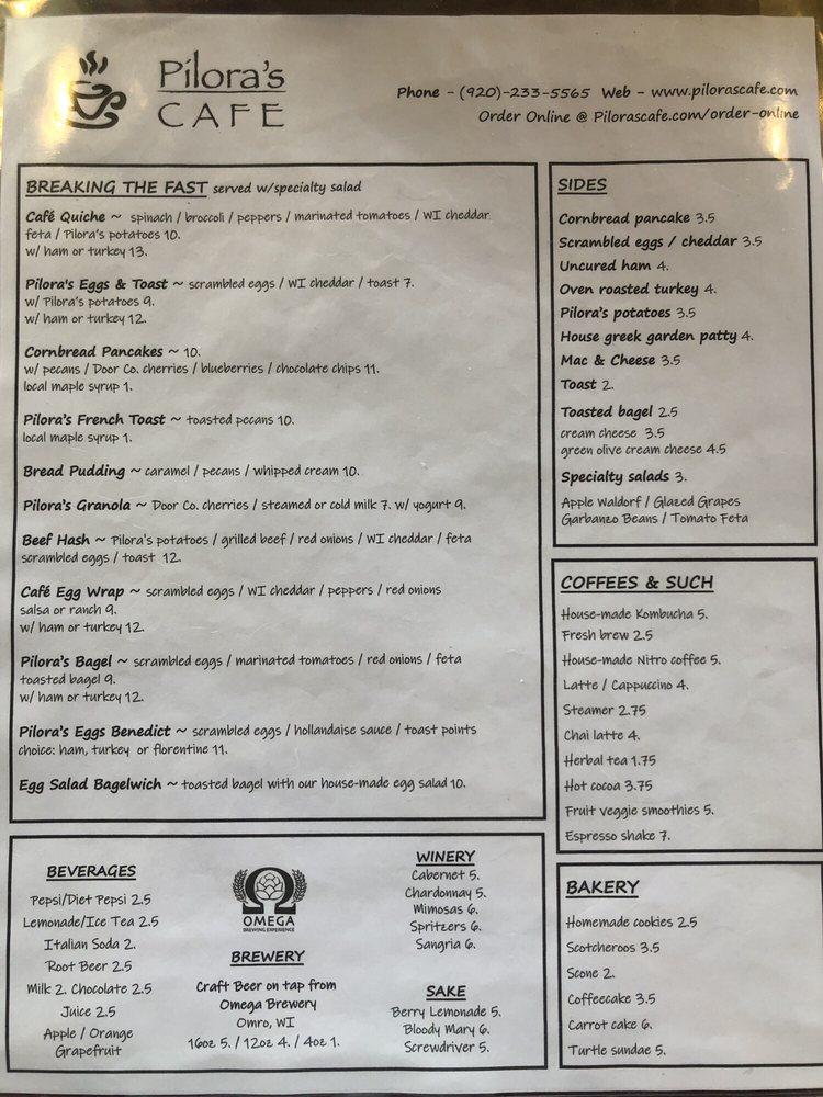 Menu at Pilora's Cafe, Oshkosh