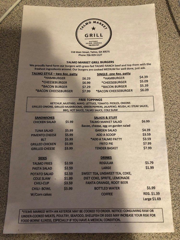 Menu at Talmo Market Grill restaurant, Talmo