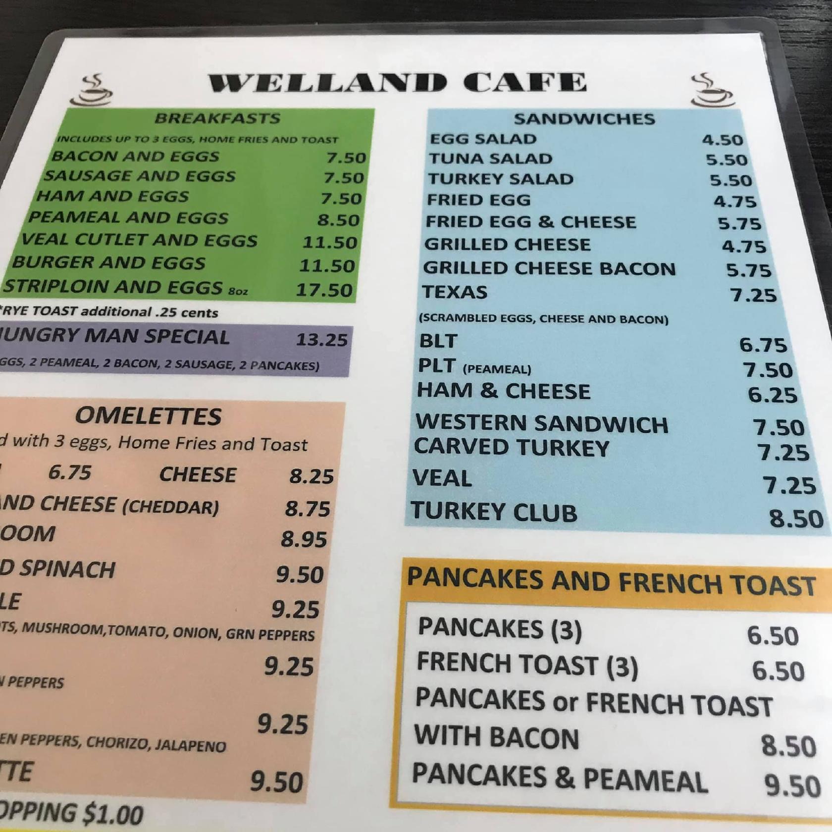 Menu at Welland Cafe, Welland