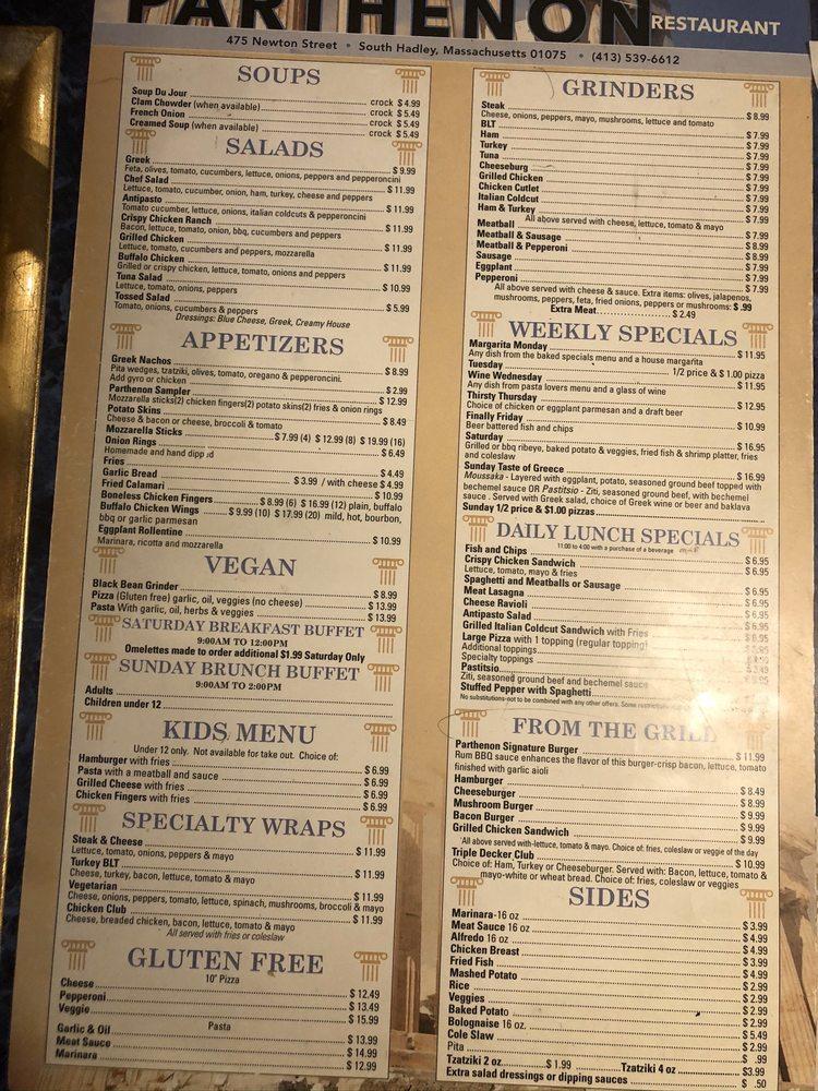 Menu at Parthenon Restaurant, South Hadley