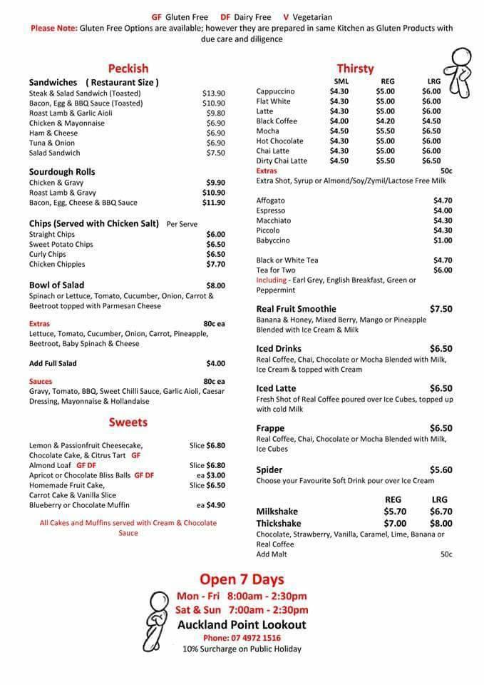 Menu at The Outlook Café cafe, Gladstone Central