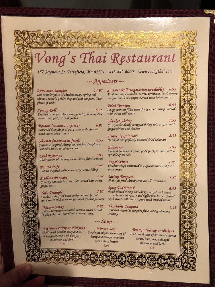 Menu at Vong's Thai Cuisine restaurant, Pittsfield