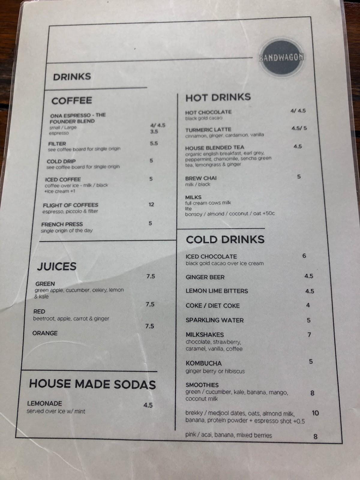 Menu at Bandwagon cafe, Port Macquarie