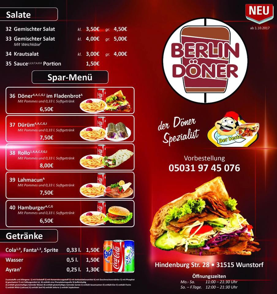Speisekarte von Berlin Döner restaurant, Wunstorf