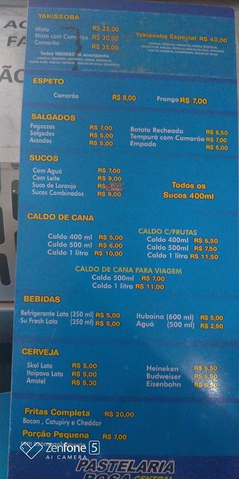 Menu at Pastelaria Rosa Central cafeteria, Mauá