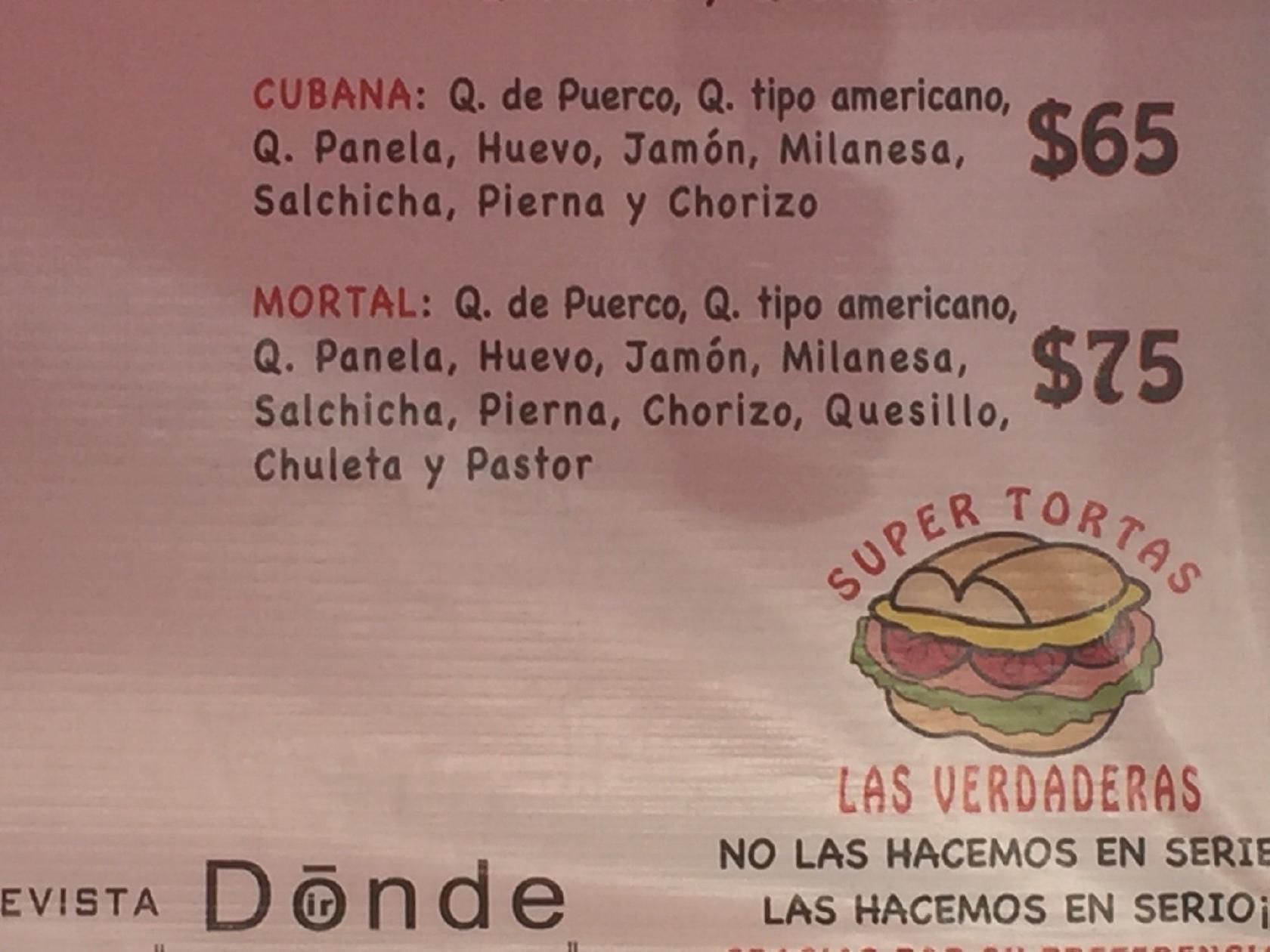 Carta del restaurante Las Verdaderas Tortas Ciudad del México Juana del Arco