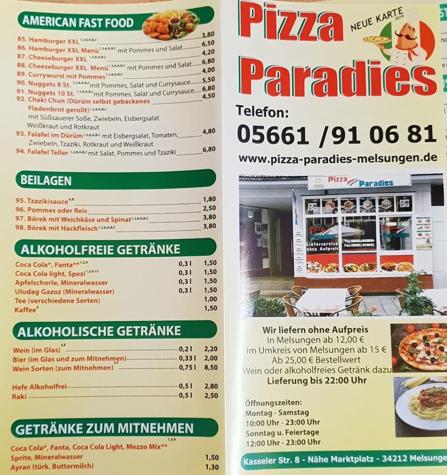 Speisekarte von Pizza Paradies, Melsungen, Kasseler Straße 8