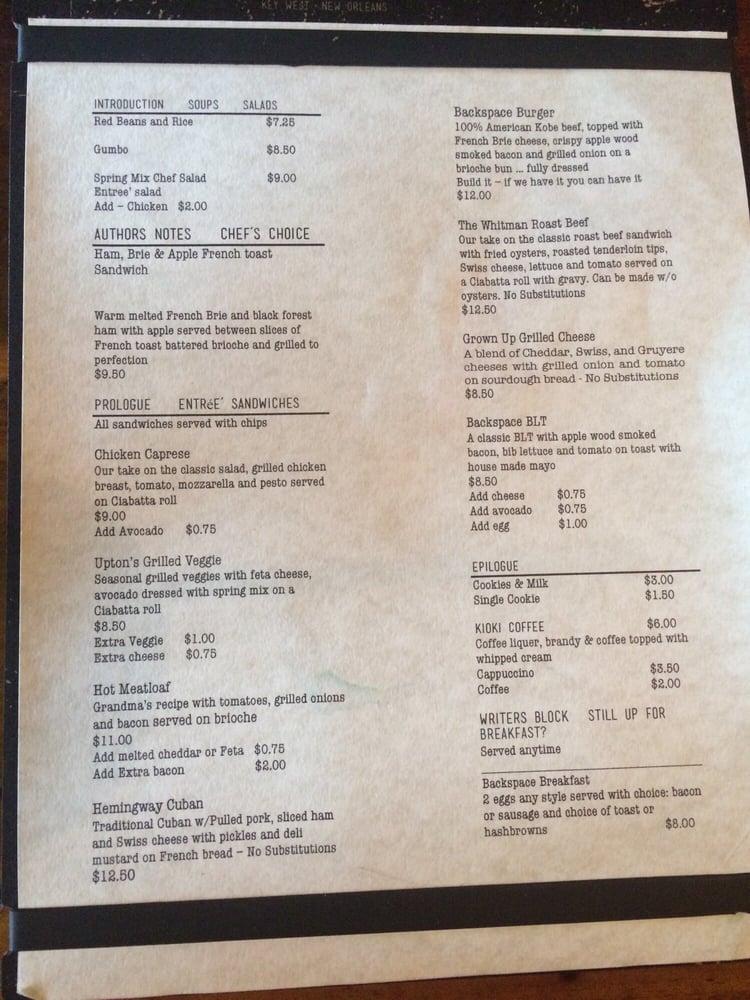 Menu at Backspace Bar & Kitchen, New Orleans