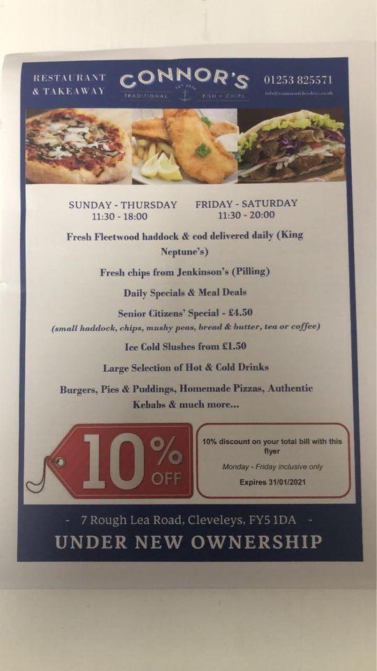 Menu at Connor's restaurant, Blackpool