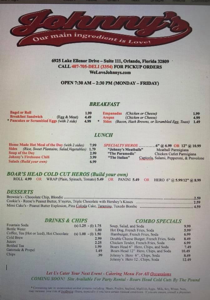 Menu at Johnnys Deli restaurant, Orlando, Lake Ellenor Drive Suite 111