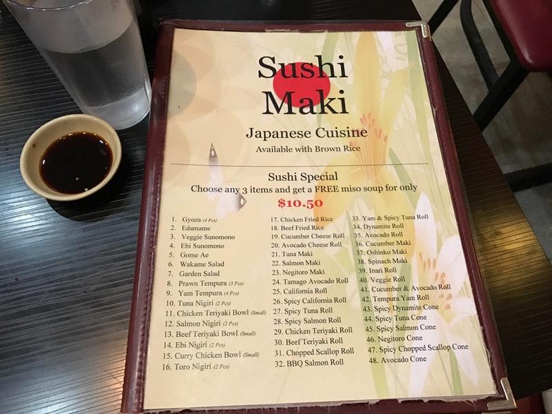 Menu at Sushi Maki restaurant, Vancouver