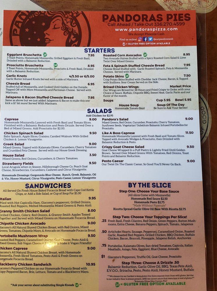 Menu at Pandora's Pies pizzeria, Elon