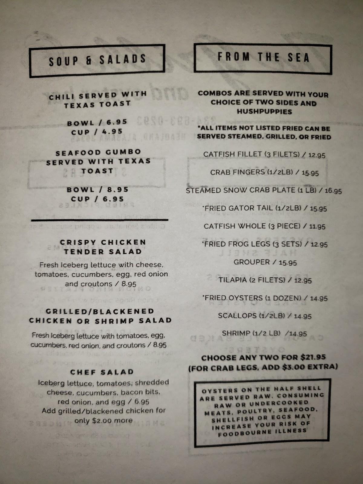 Carta de The Grille and Oyster Bar, Headland
