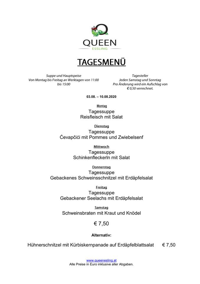 Speisekarte von Queen Essling cafe, Wien, Eßlinger Hauptstraße 63
