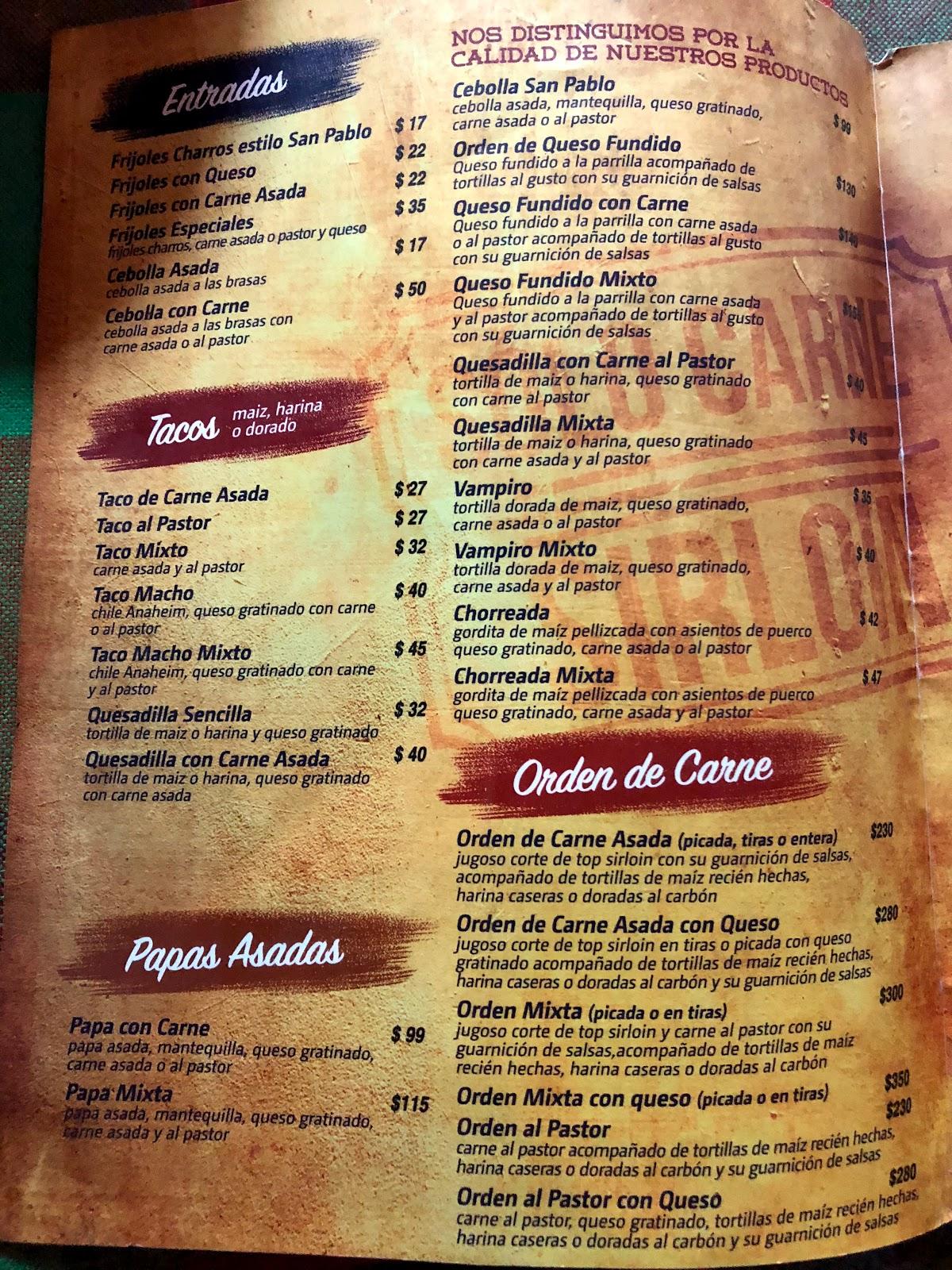 Carta del restaurante Taqueria San Pablo, Mazatlán, Av Sinaloa 930B
