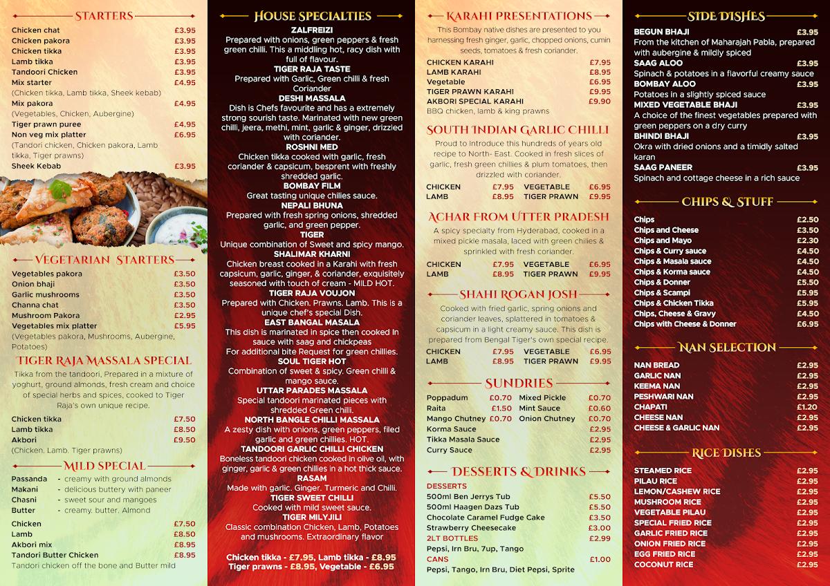 Menu at Tiger Raja Kintore pizzeria, Kintore