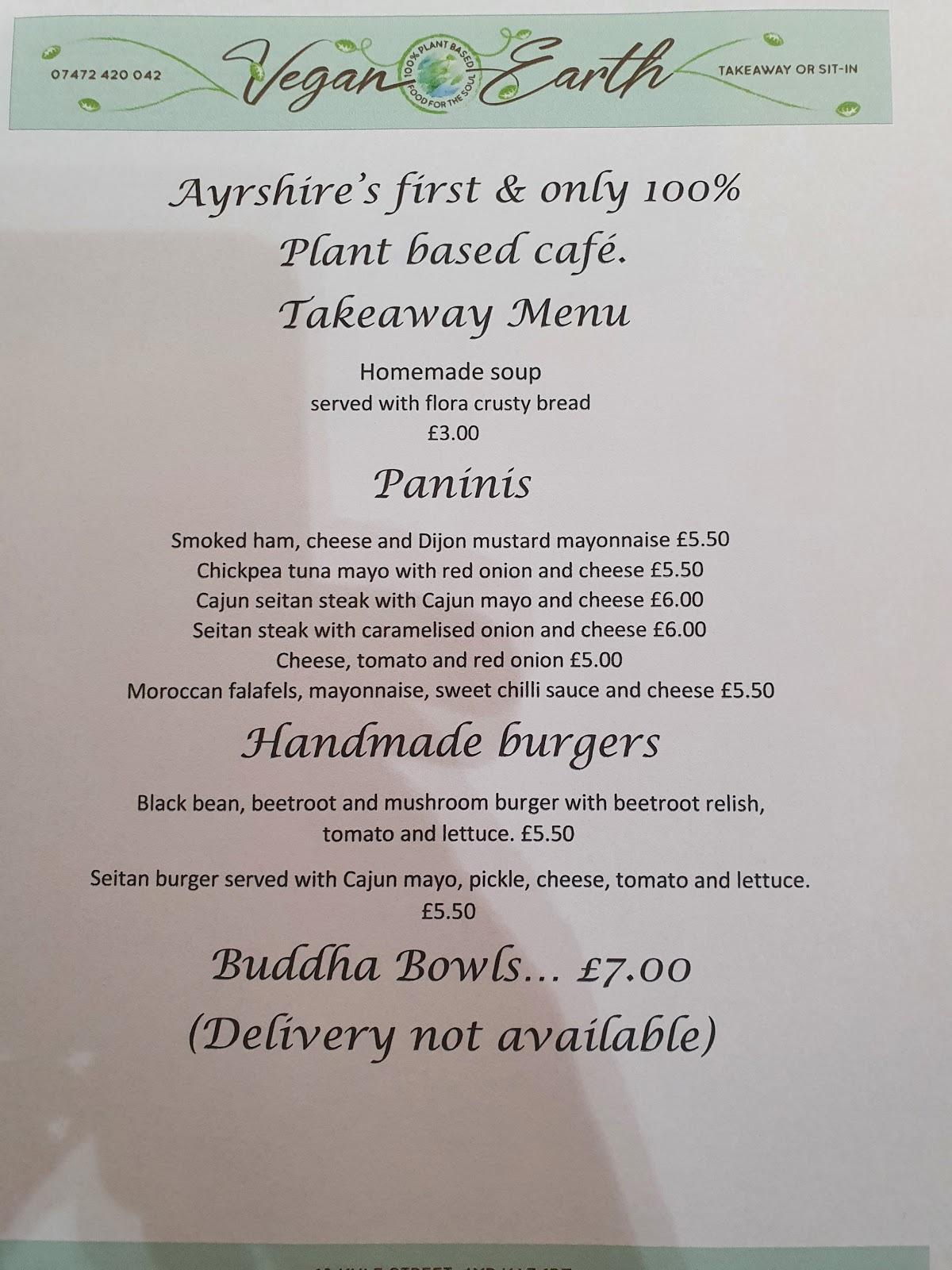 Menu at Vegan Earth restaurant, Ayr