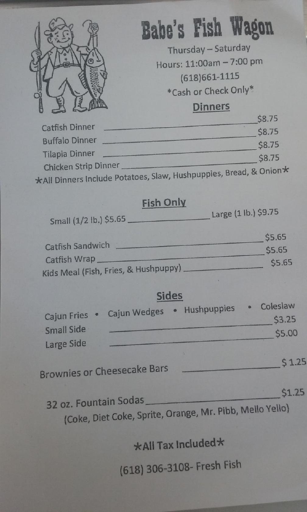 Menu at Babe's Fish Wagon restaurant, East Cape Girardeau