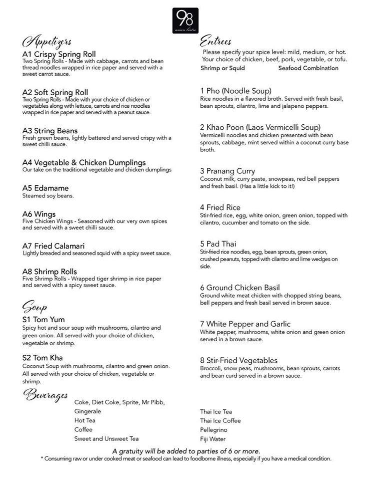 Menu at 98 Asian Bistro restaurant, High Point