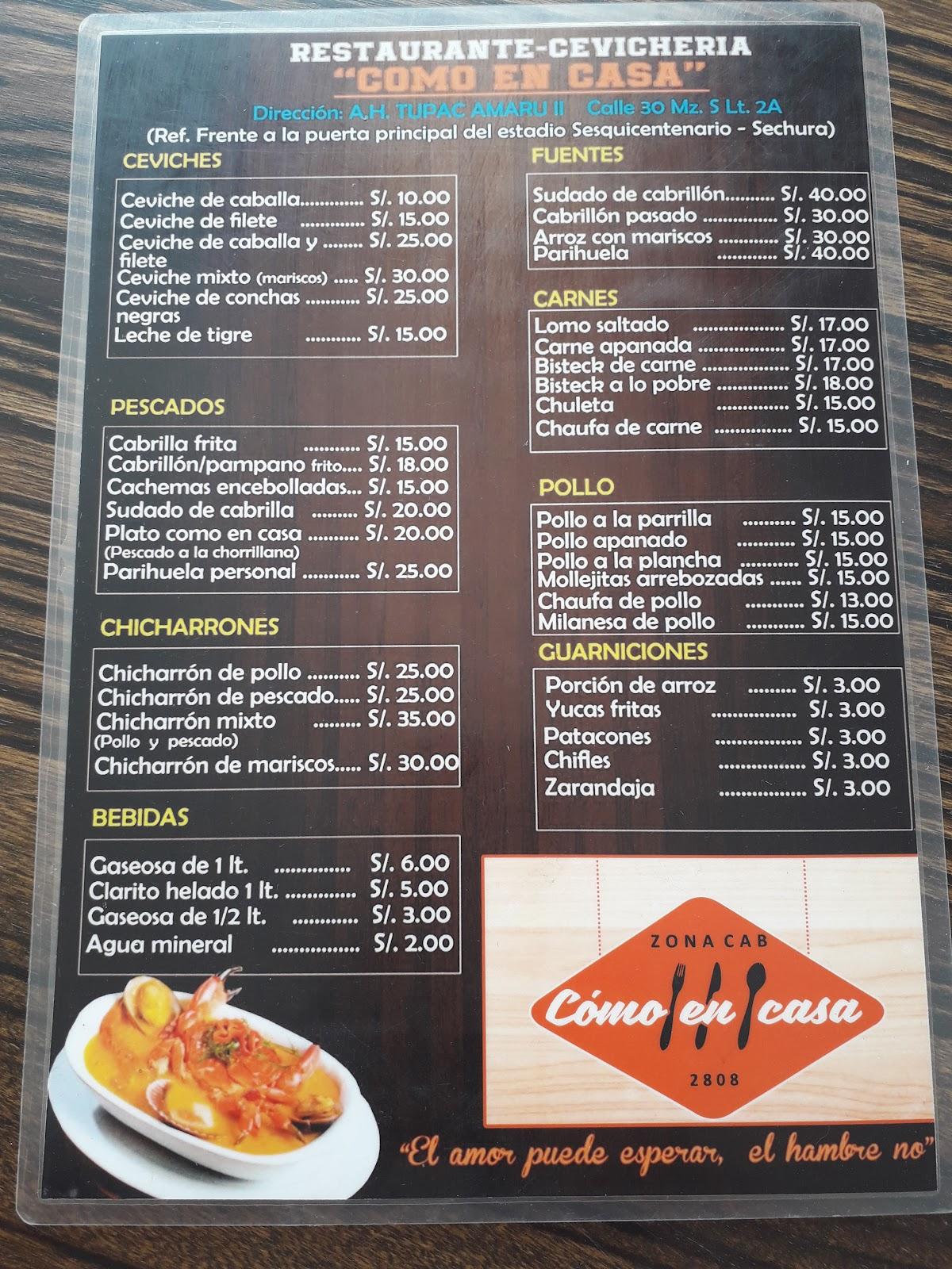 Carta del restaurante Como en casa, Santa Anita, AA.HH Tupac Amaru