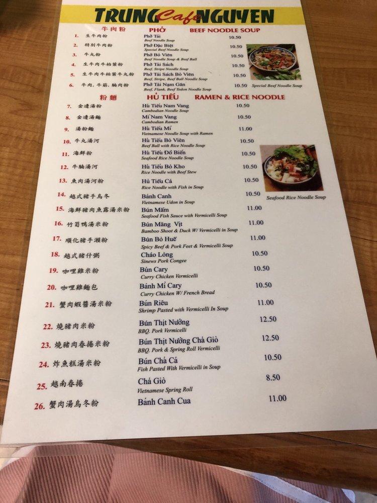 Menu at Trung Nguyen Cafe, Vancouver