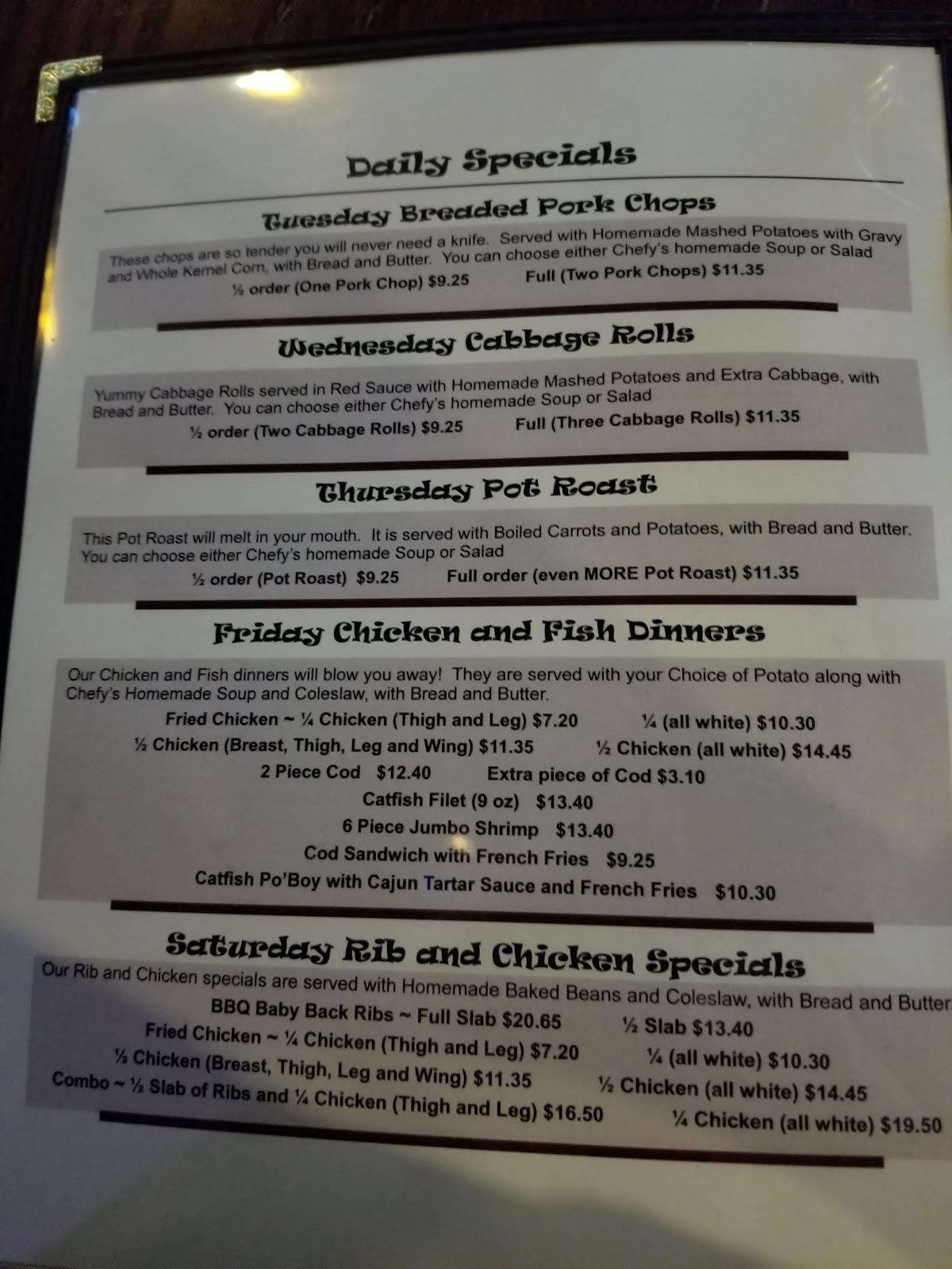 Menu at Chefy's Kitchen restaurant, Joliet