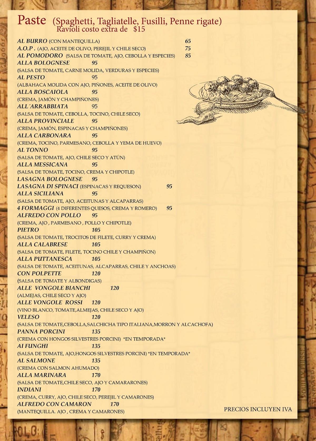 Carta del restaurante Il Fornaio, Chihuahua