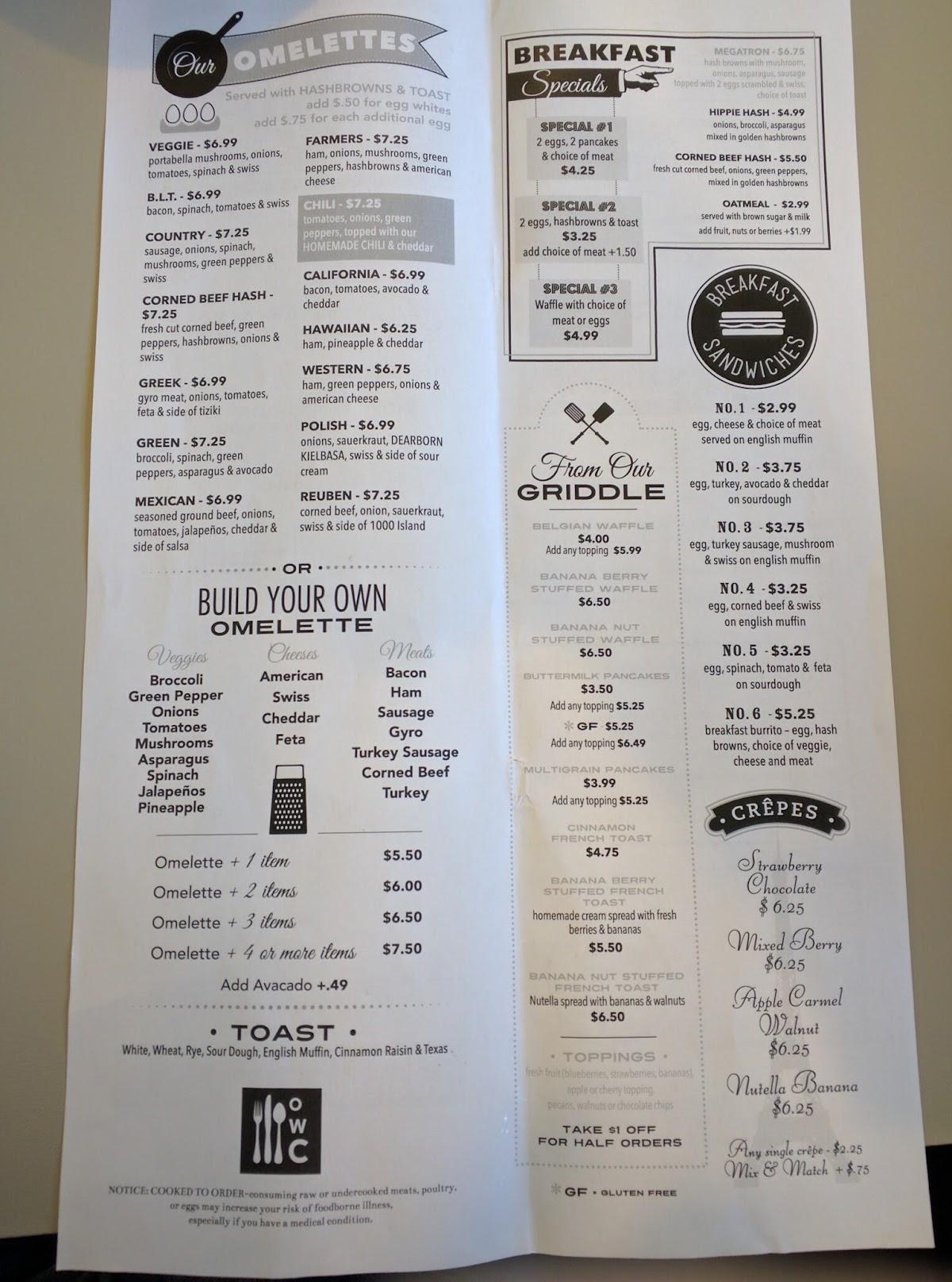 Menu at Omelette and Waffle Cafe, Northville