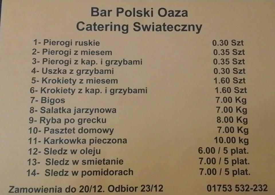 Menu at Bar Polski Oaza, Slough