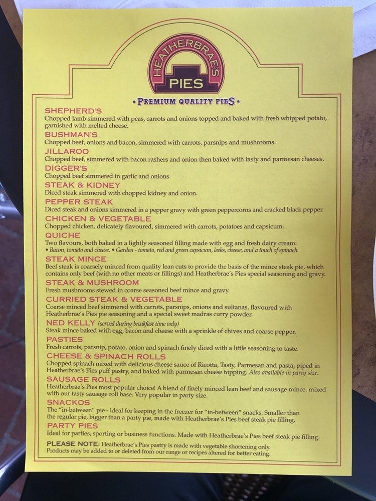 Menu at Heatherbrae's Pies cafe, Heatherbrae