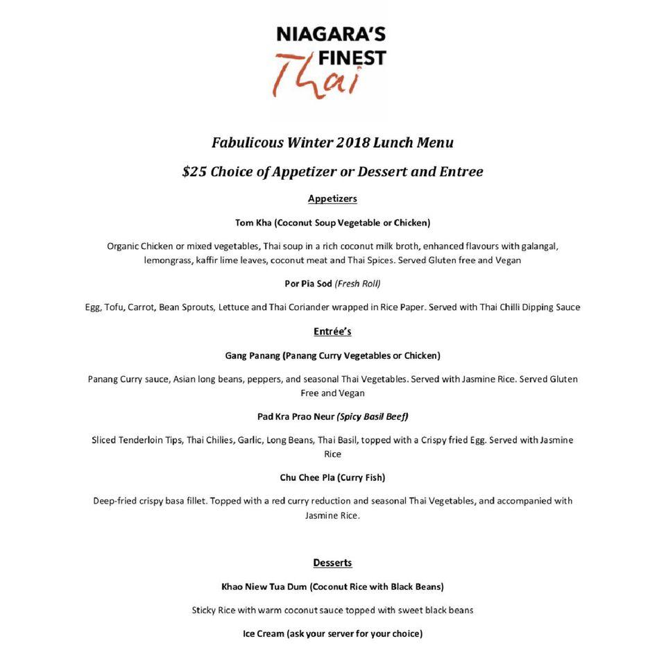 Menu at Niagara's Finest Thai restaurant, NiagaraontheLake