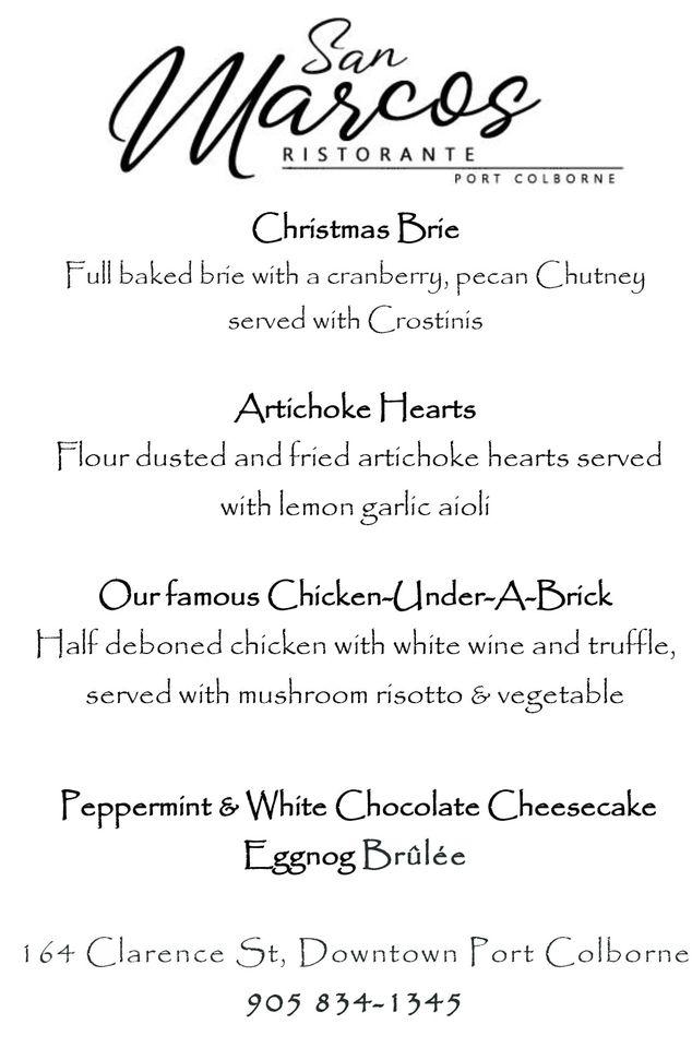 Menu at San Marco's Ristorante restaurant, Port Colborne