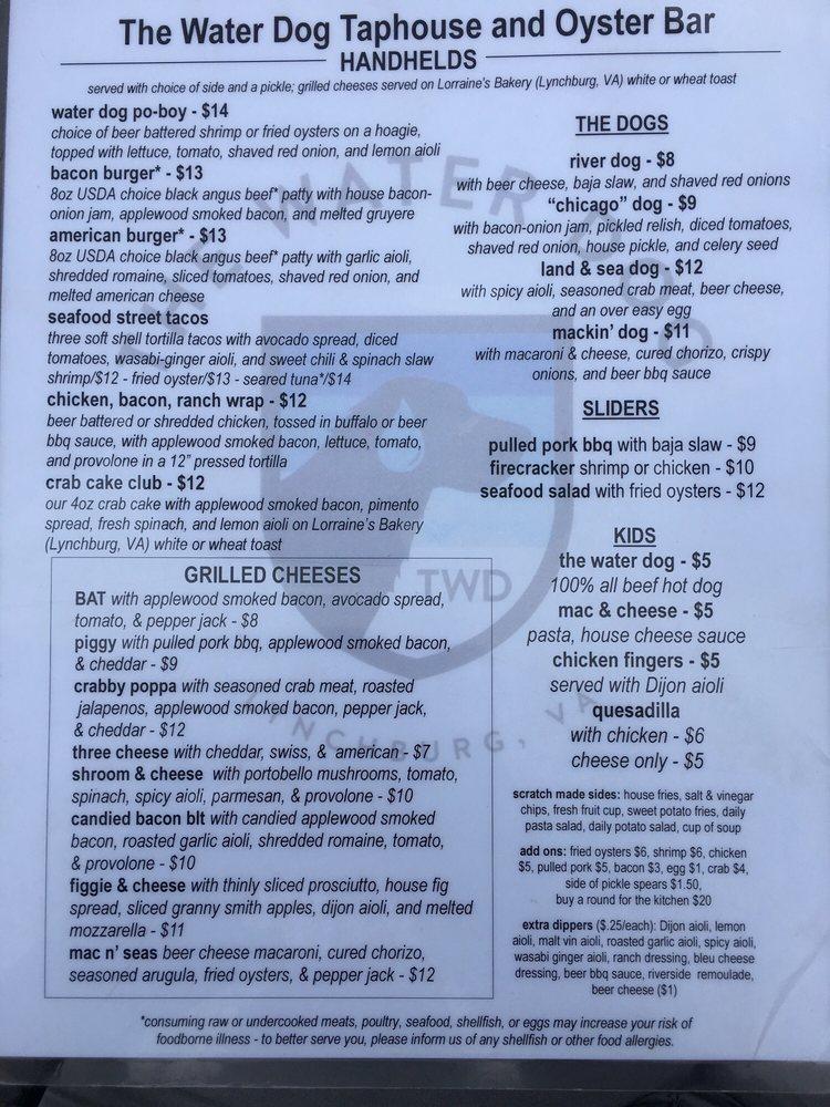 Menu at The Water Dog pub & bar, Lynchburg