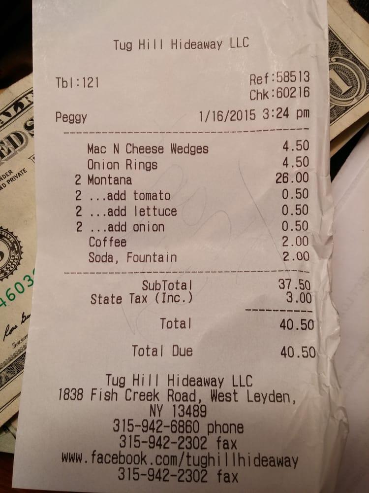 Menu at Tug Hill Hideaway pub & bar, USA