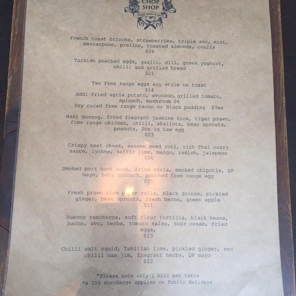 Menu at The Chop Shop Food Merchants cafe, Arrowtown