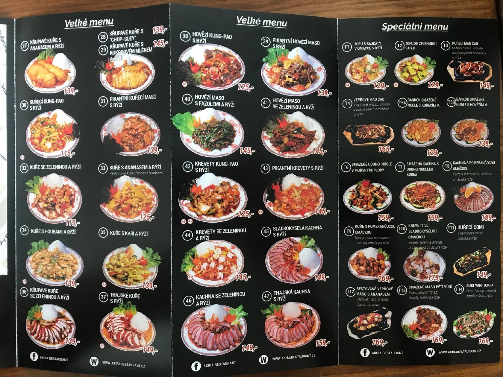 Menu at Akira Asian Cuisine restaurant, Prague