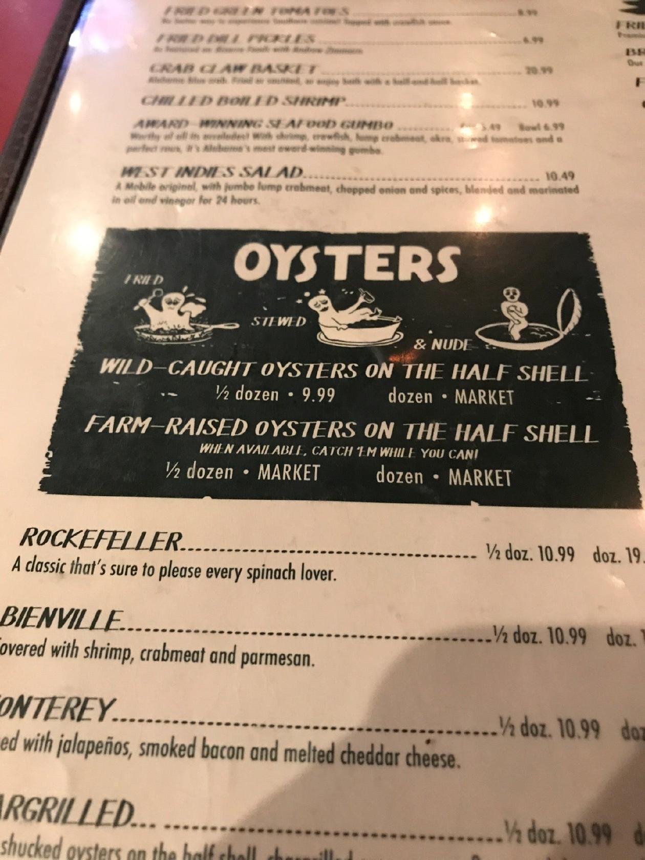 Menu at Wintzell's Oyster House restaurant, Mobile, 605 Dauphin St