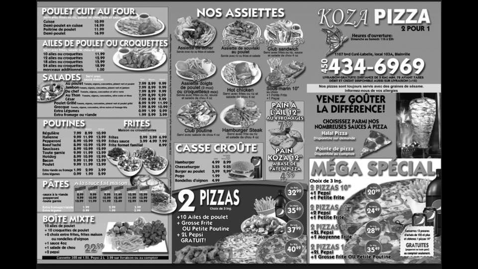 Menu au Koza Pizza restaurant, Blainville