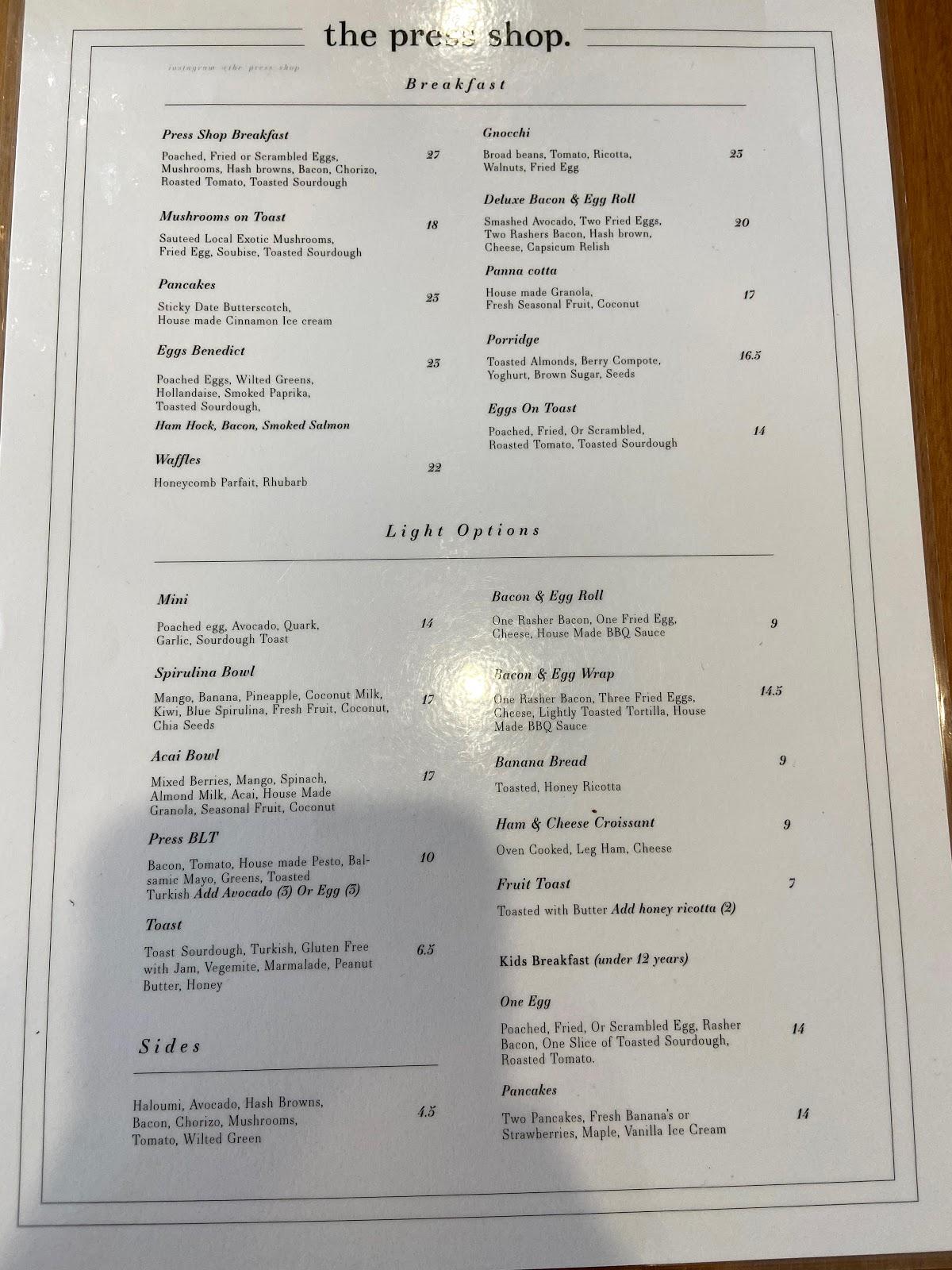 Menu at The Press Shop cafe, Bowral, 5/391397 Bong Bong St