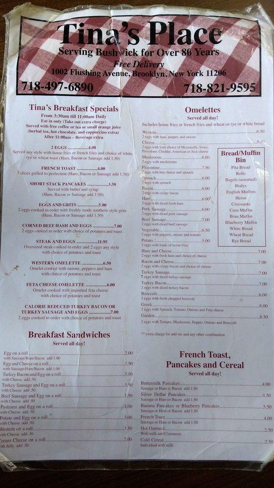 Menu at Tina's Place restaurant, New York City, Flushing Ave