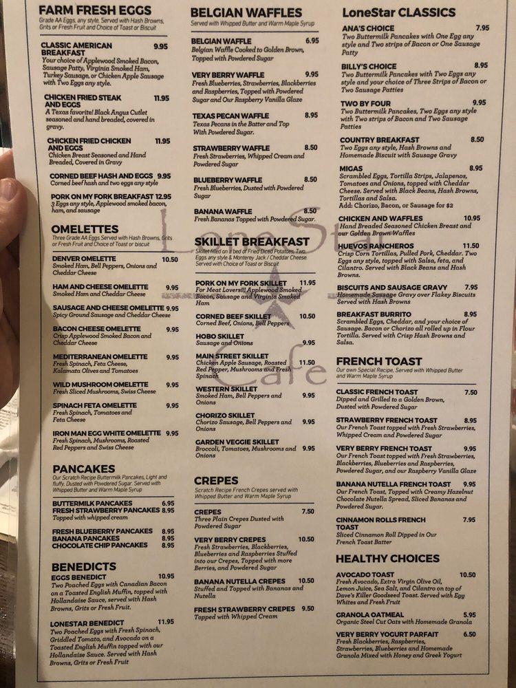 Menu at Lone Star Cafe, Grapevine