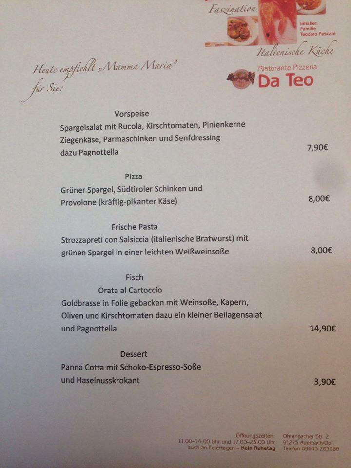 Menu at Pizzeria Da Teo, Auerbach in der Oberpfalz