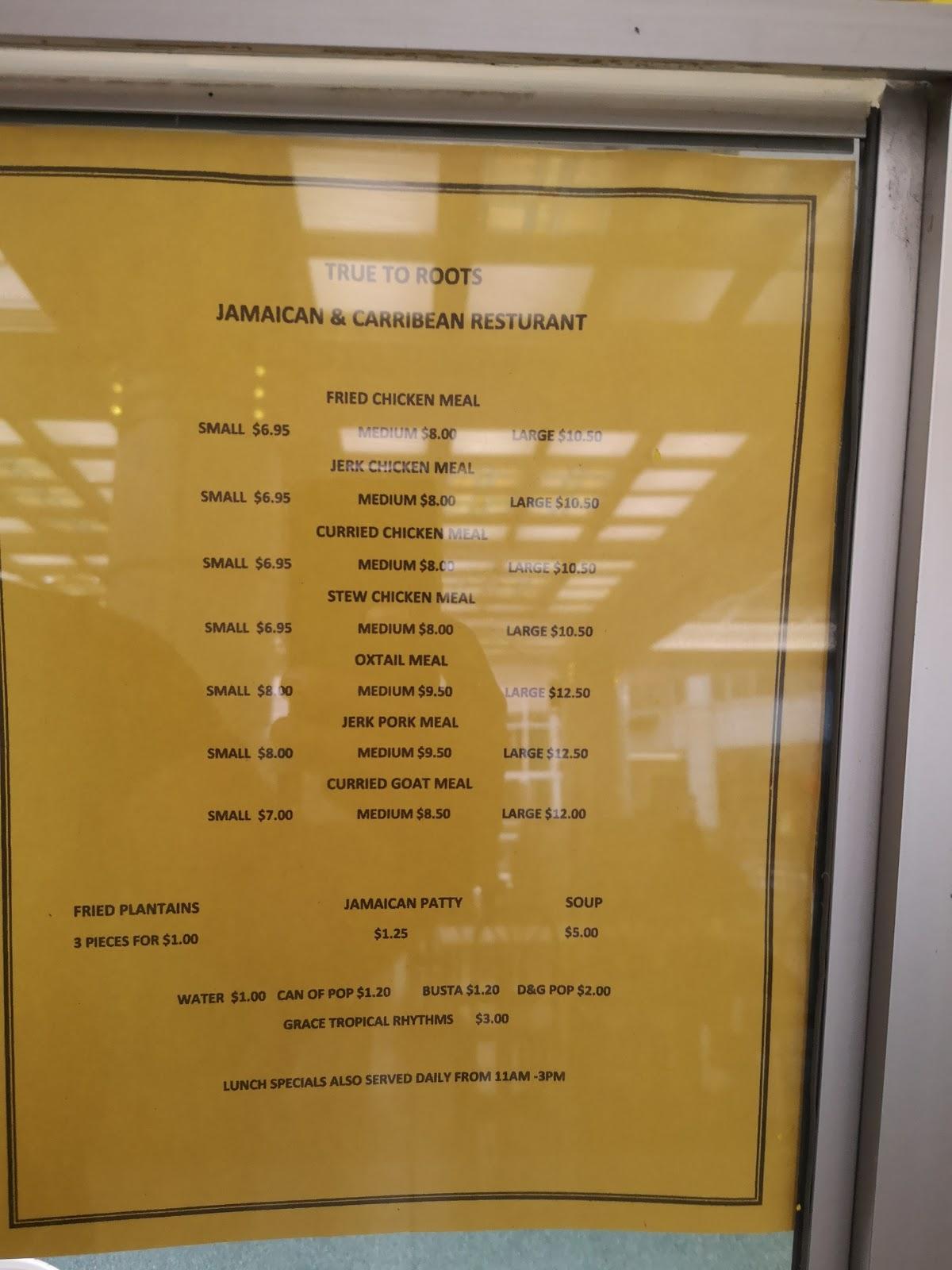 Menu at True To Roots Jamaican and Caribbean restaurant, Hamilton