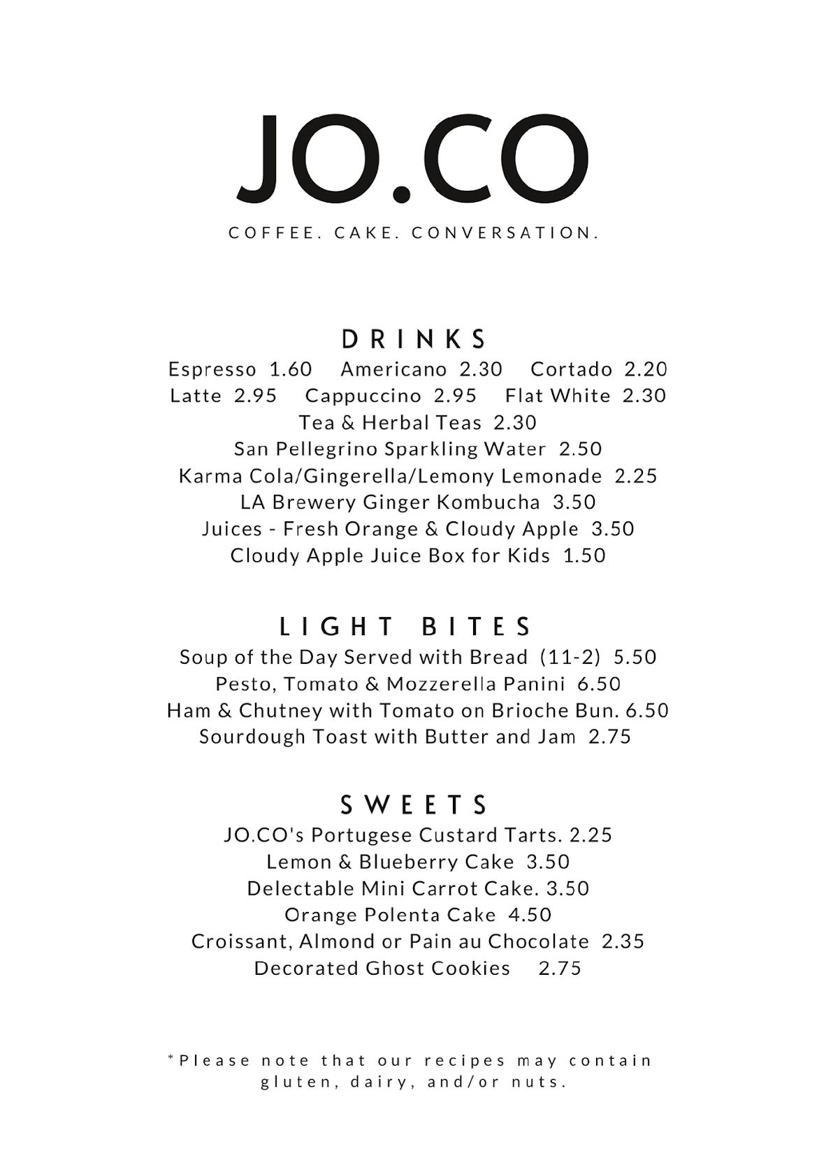Menu at JO.CO Cafe, Handcross