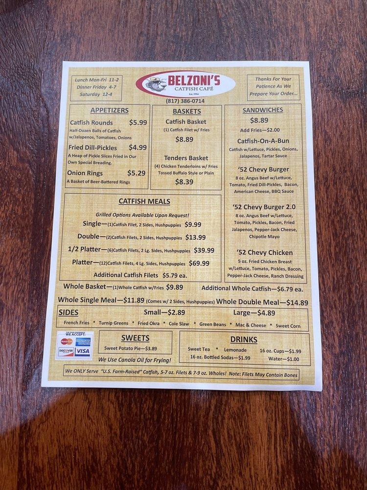 Menu at Belzoni's Catfish Cafe, White Settlement