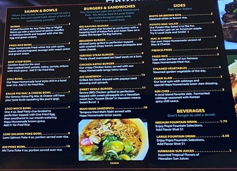 Menu at Hapa Hawaiian Grill restaurant, Pittsburgh