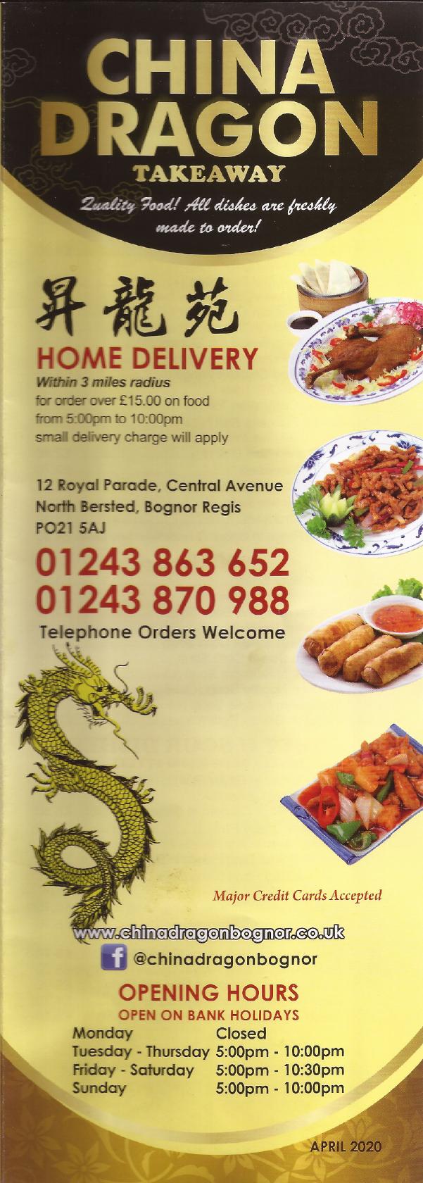 Menu at China Dragon Takeaway restaurant, Bognor Regis
