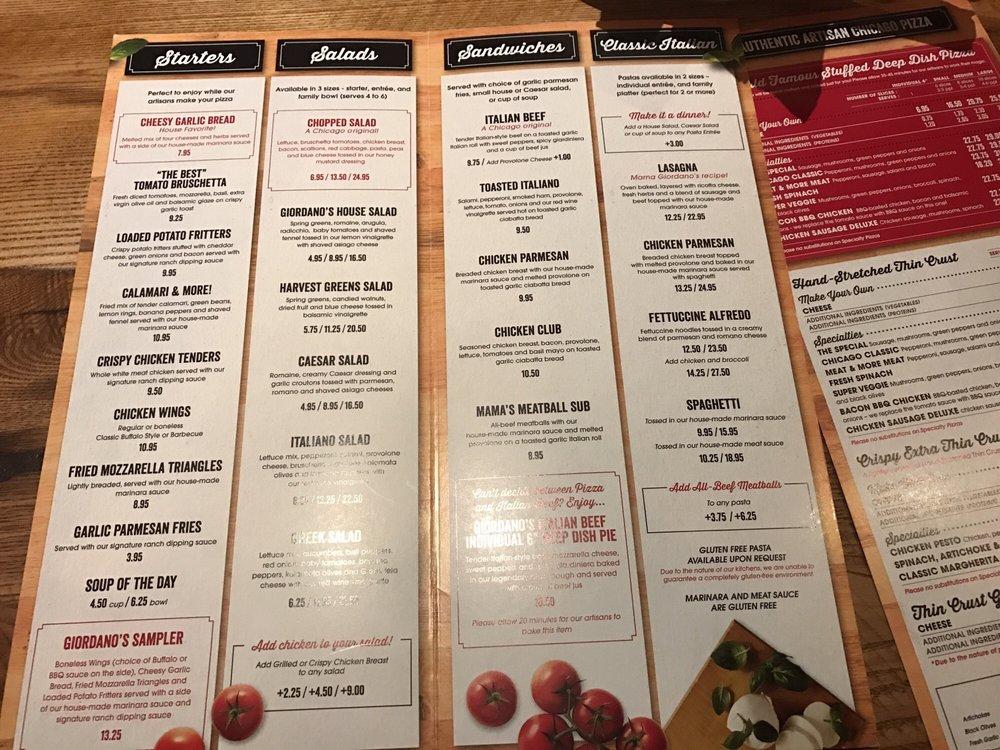 Menu at Giordano's pizzeria, Richfield